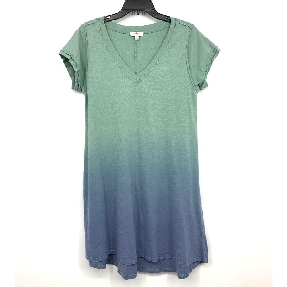 Umgee Dress Green Blue Ombre V Neck Short Sleeve Mini - Picture 2 of 9